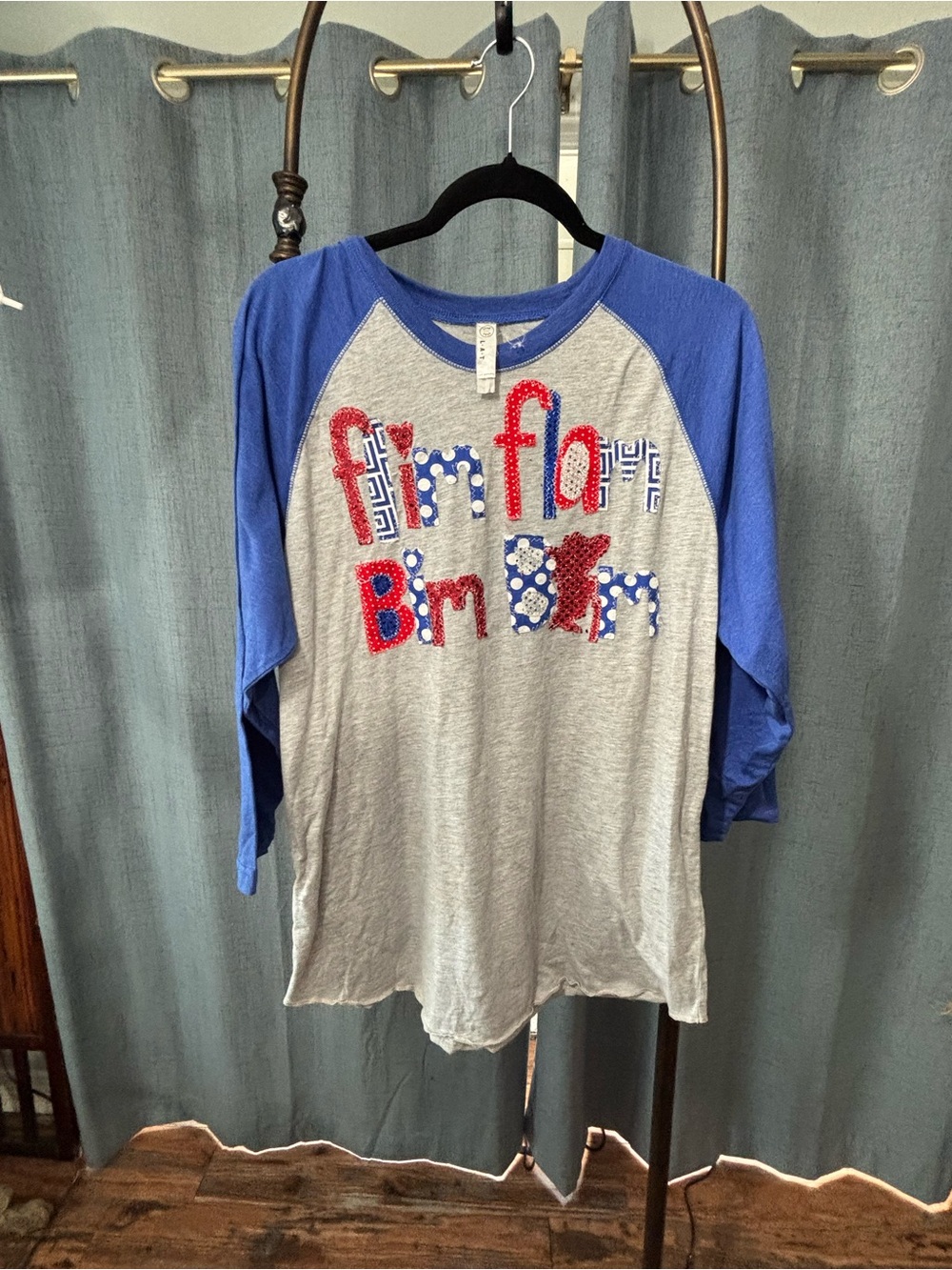 L.A.T. Ole Miss Blue Raglan Sleeve Sequin Accent Women's Top B103